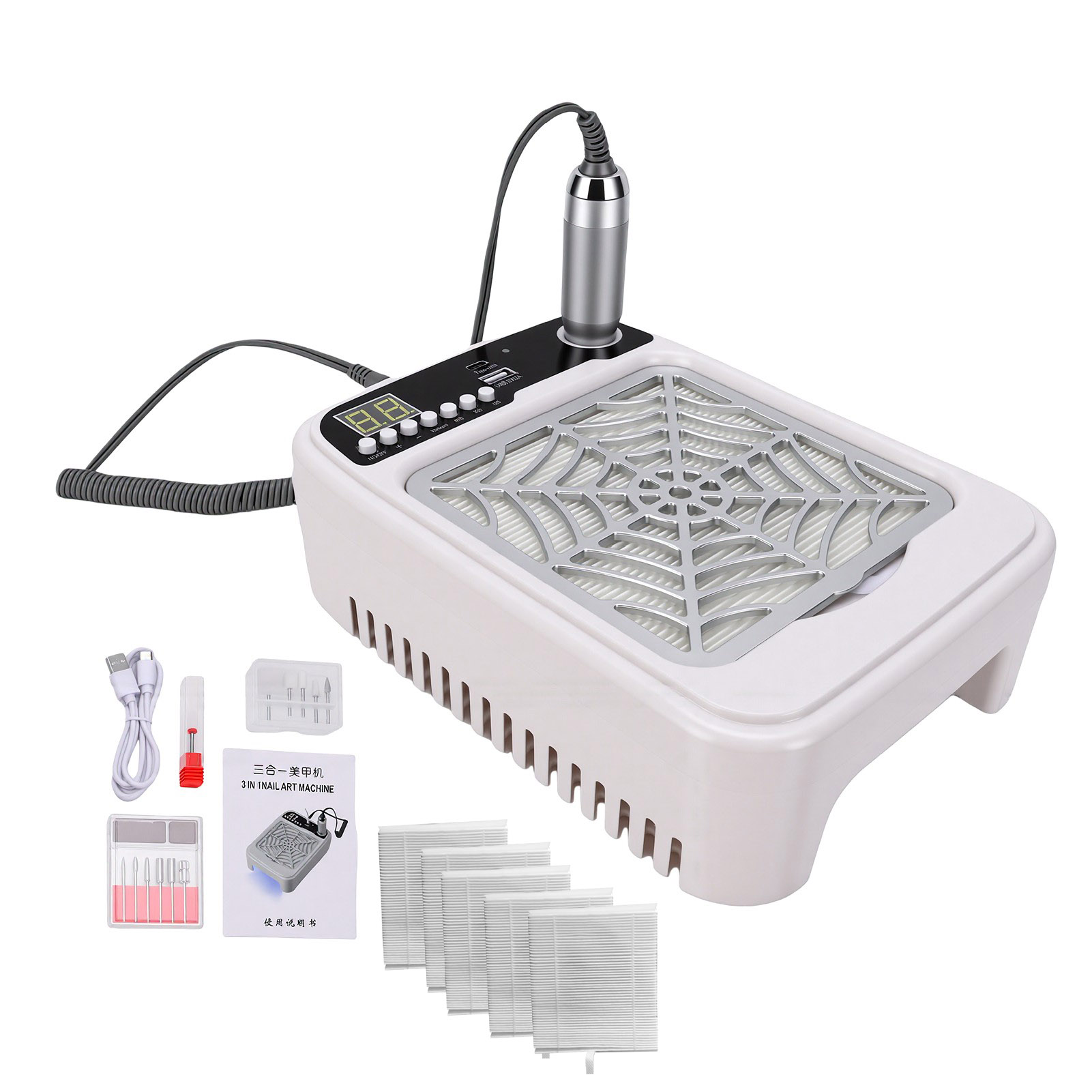 Nail Drill Machine - 集塵機とネイルランプ付き3-in-1ネイルドリルマシン 35000RPM 8段階速度調整 ポータブル電動ネイルファイルドリルキット