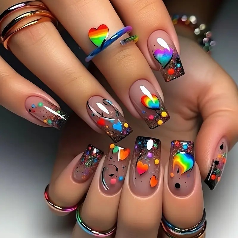 Nail Art Press On - 24枚入りヌードカラーつけ爪 ショートスクエア レインボーグラデーション ラブグリッター 水玉模様 鮮やかなプライドネイルアート