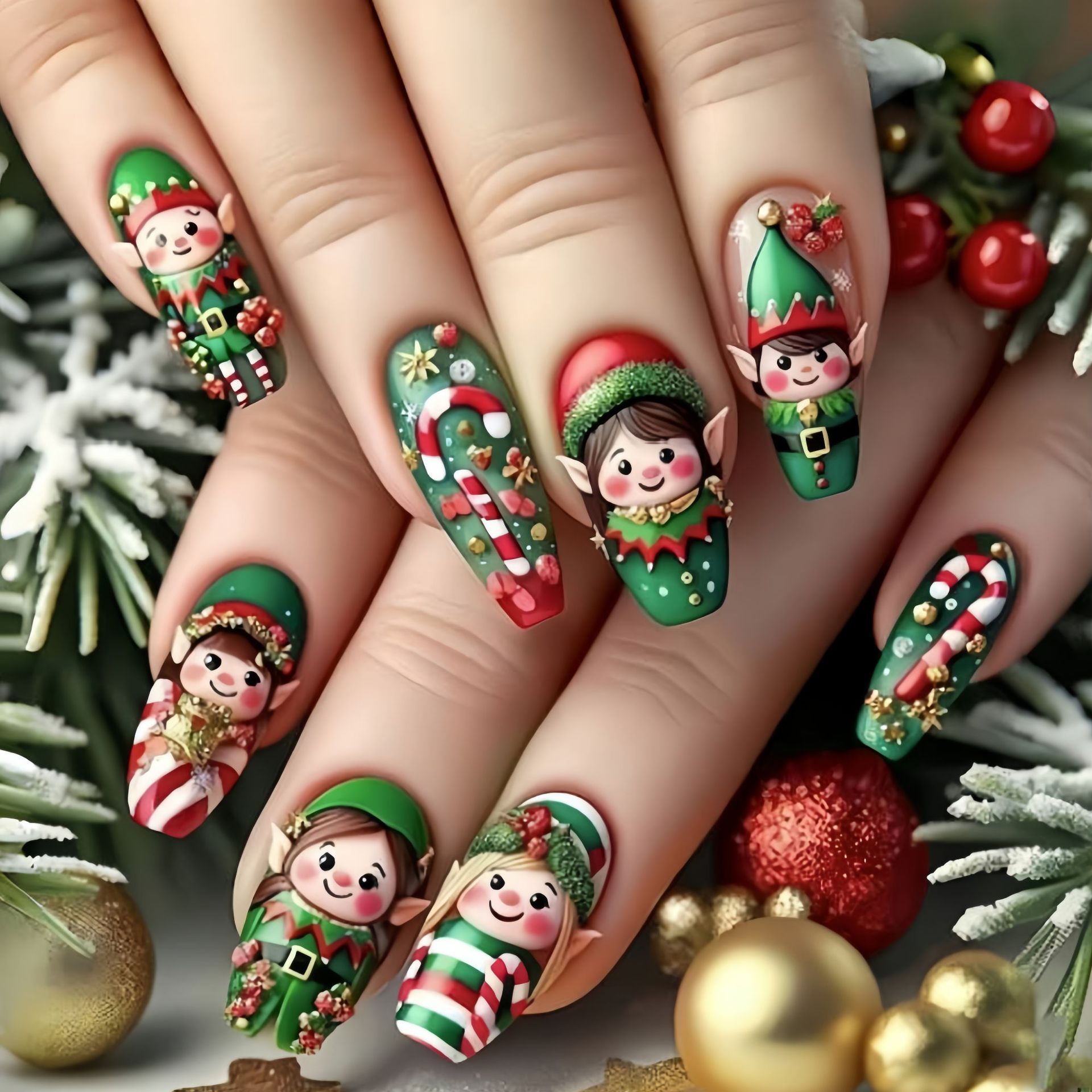 Nail Art Press On - クリスマスパーティー用ミディアムフェイクネイル 雪の結晶 クリスマスツリー サンタクロース エルフ アルスモンド