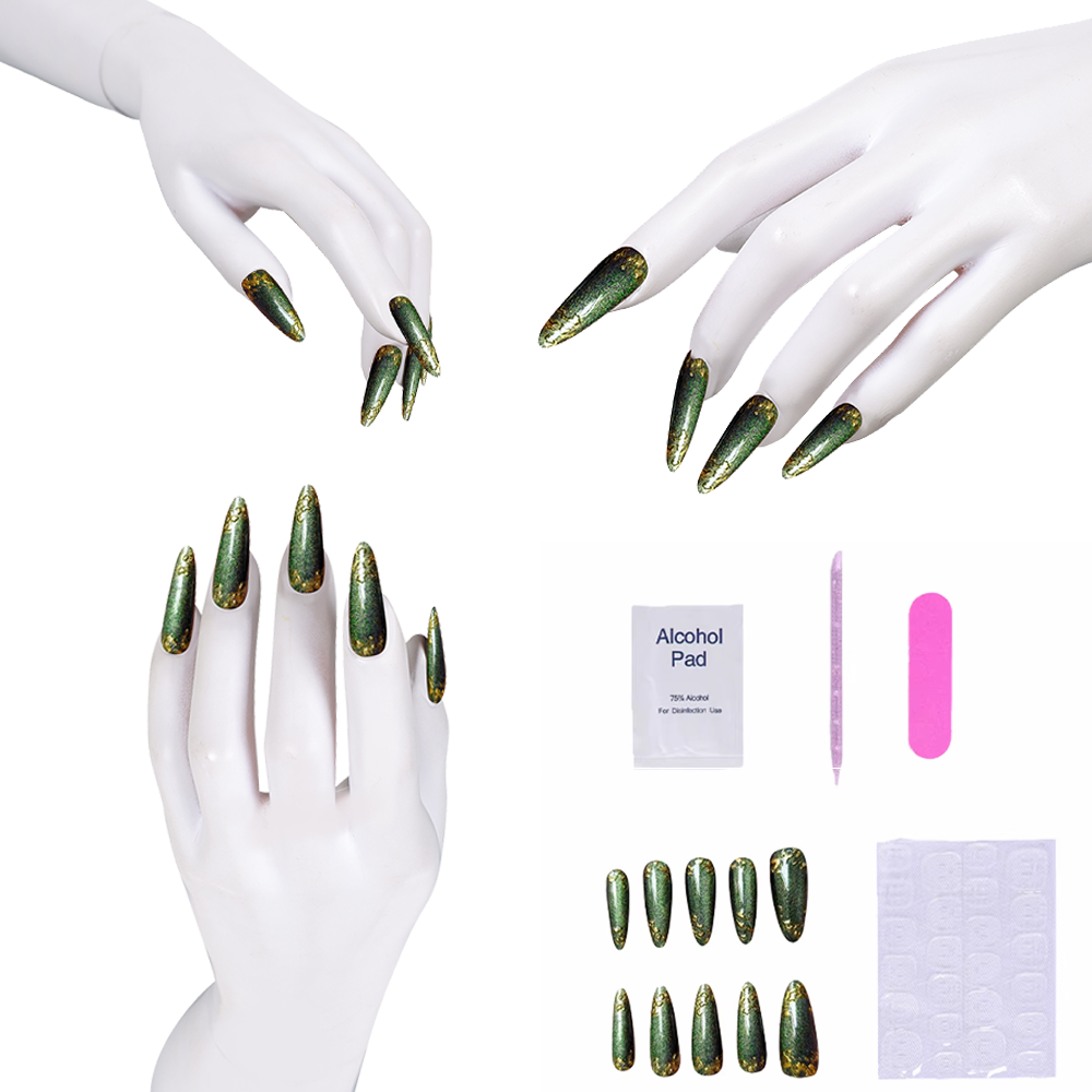グリーン プレスオンネイル キラキラ輝くゴールドアクセント付 - Nail Art Press On のレビューと価格