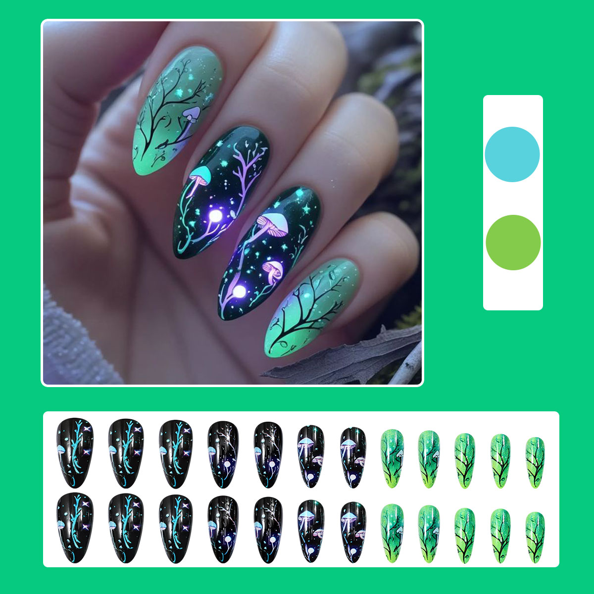 アーモンド型のつけ爪、マッシュルーム型のつけ爪、リーフスムッ - Nail Art Press On のレビューと価格